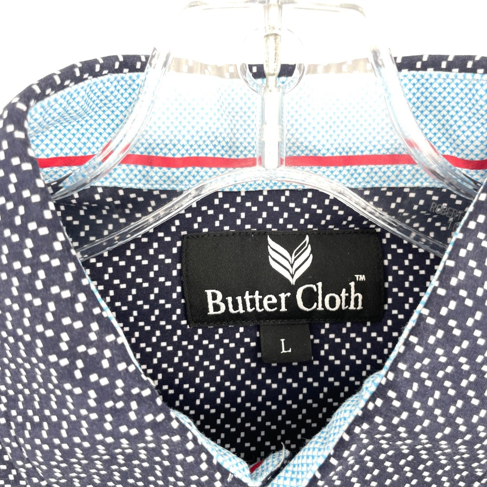 Butter Cloth Short Sleeve Button Down Shirt Mens L Navy Blue‎ White Geometric - Picture 2 of 8